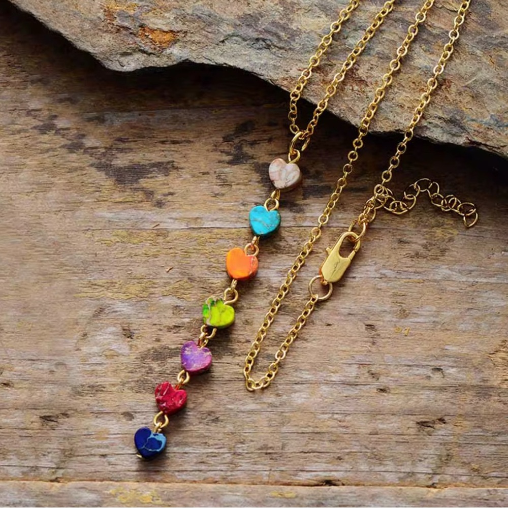Chakra high end natural stones Heart Pendant Necklace 18 K Gold plated - Picture 2 of 3